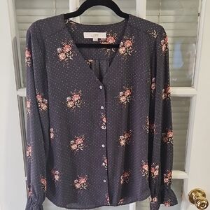 ❤️ LOFT Floral Button-Front Blouse with Pink Accents. Sz S